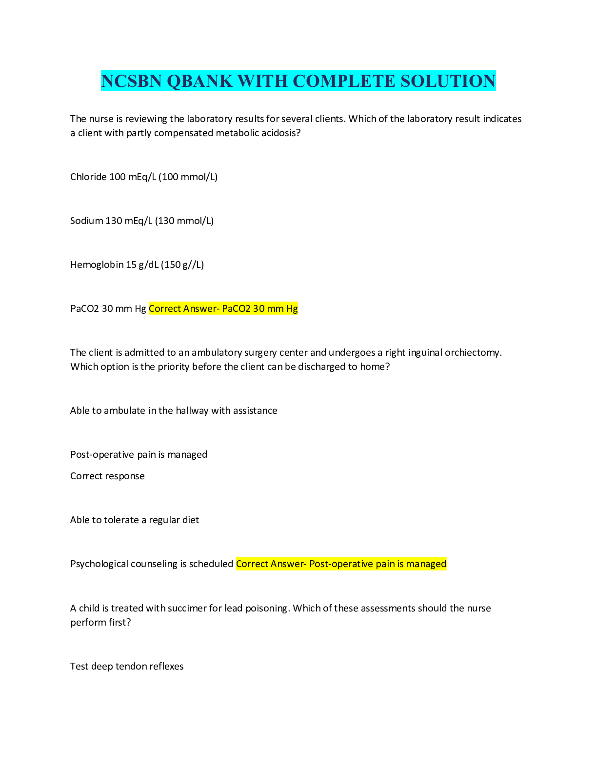 Preview image of NCSBN QBANK WITH COMPLETE SOLUTION document